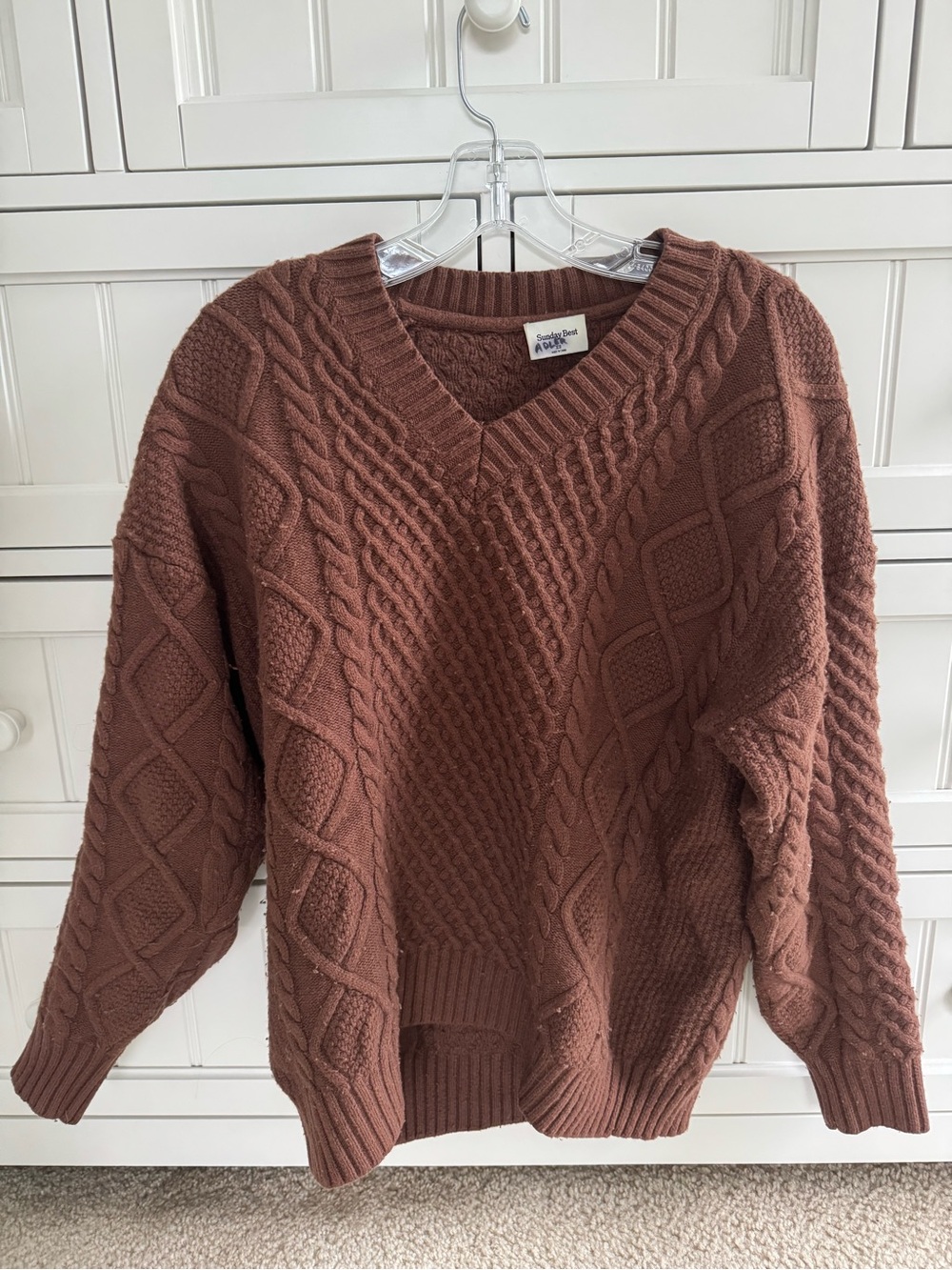 Sunday Best Cable Knit V-Neck Sweater in Rust Brown